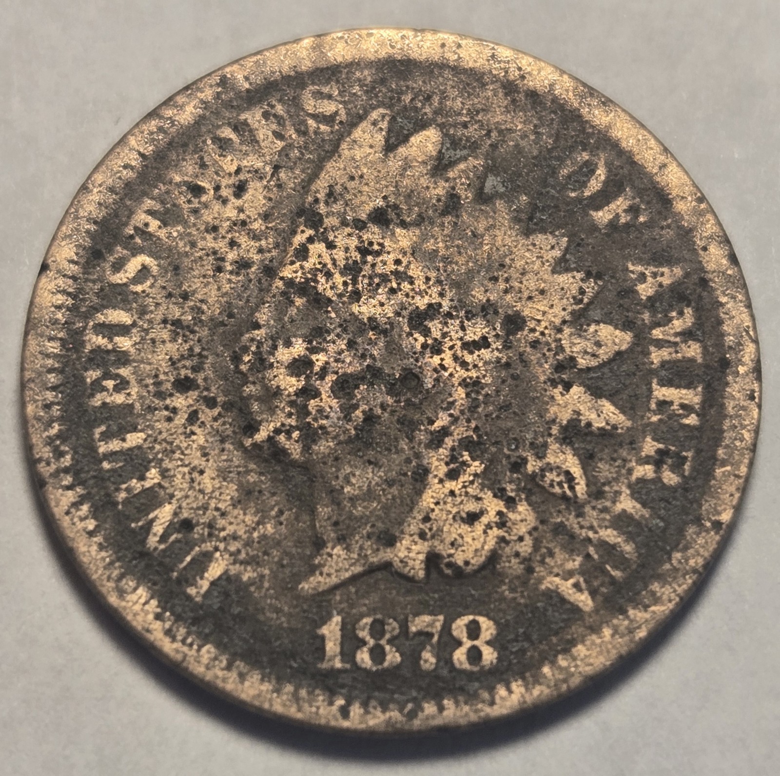 1878 Indian Head Cent 1c Circulated Penny, Semi-key Date - About Good AG Details