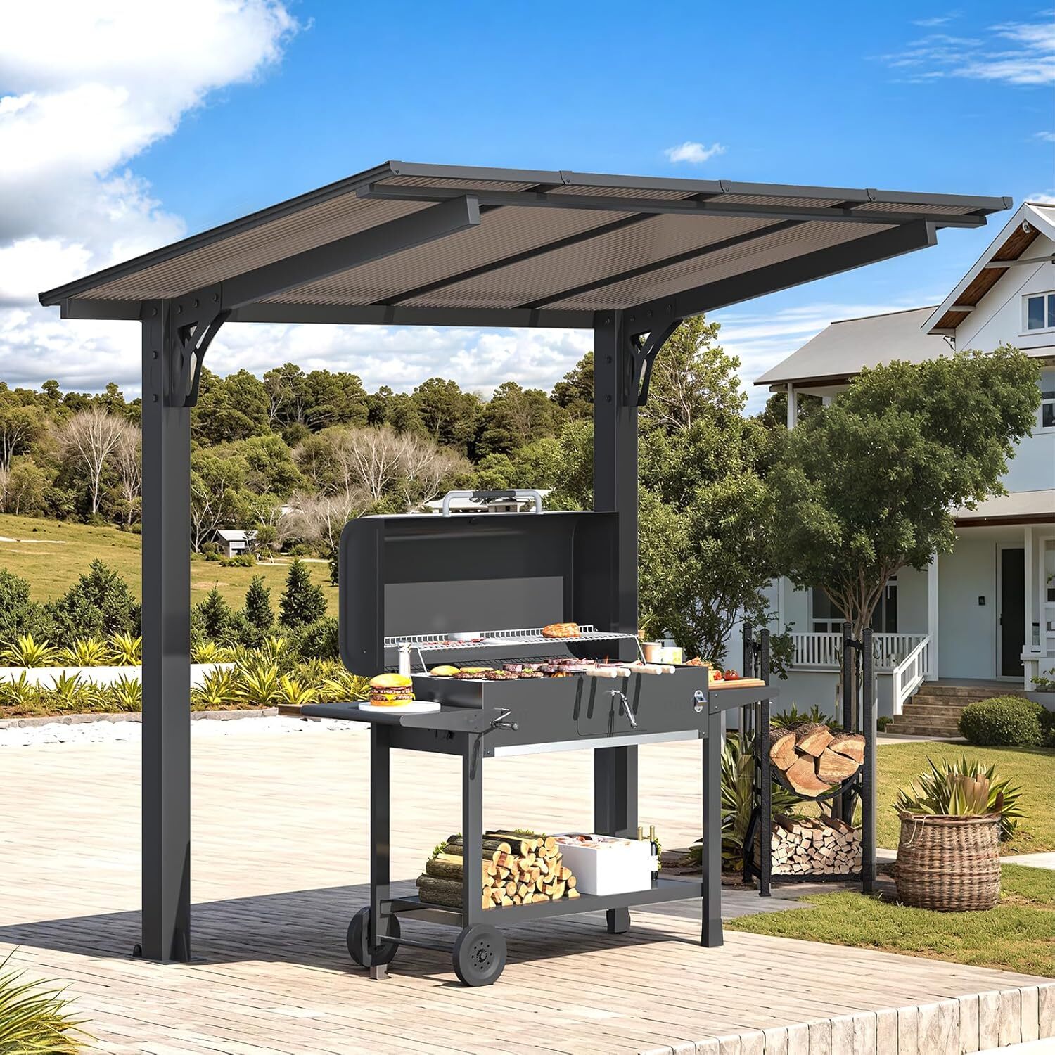 Gazebo Outdoor Pergola for Patio, Freestanding Lean to Hard Top Grill Gazebo