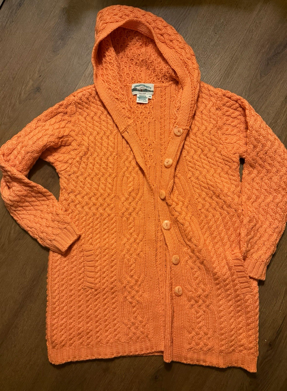 Aran Crafts Merino Wool Orange Cable Knit Hooded Button Cardigan Sweater M Aran Crafts Merino Wool Orange Cable Knit Hooded Button Cardigan Sweater M