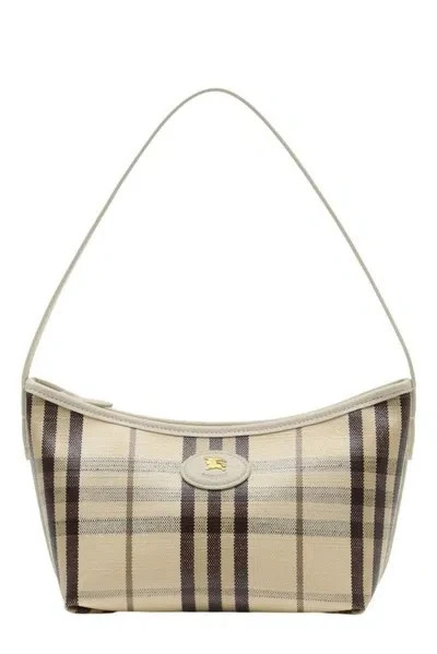 Burberry Mini Highlands Check Canvas Shoulder Bag Light Beige Leather Trim Burberry Mini Highlands Check Canvas Shoulder Bag Light Beige Leather Trim