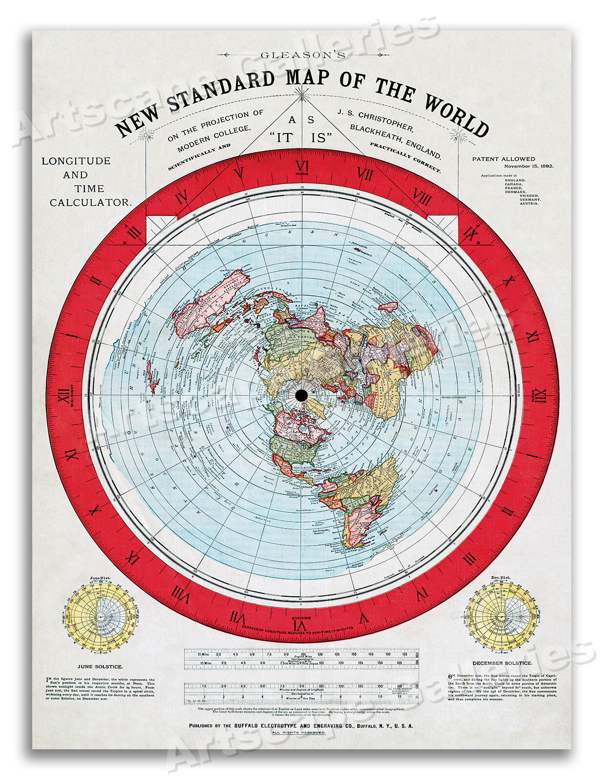 1892 Flat Earth Map - New Standard Map of the World - 18x24