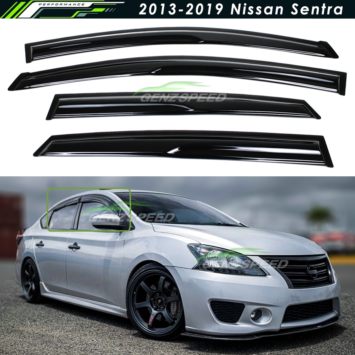 For 2013-2019 Nissan Sentra Wavy Mugen Smoke Tinted Window Visor Rain Guard Vent
