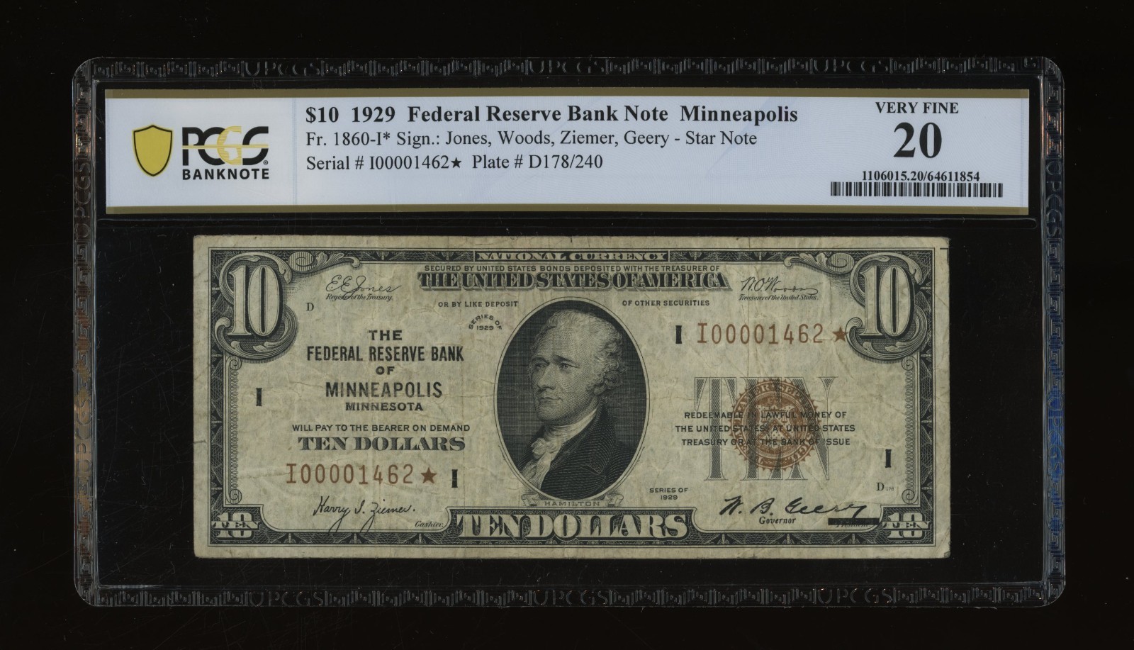 DBR 1929 $10 FRBN Minneapolis STAR Fr. 1860-I* PCGS-B VF-20 Low Ser # I00001462*