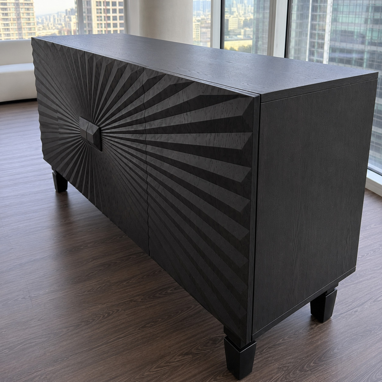 Modern Black Sunburst Sideboard Buffet Credenza Textured Dining Storage Cabinet