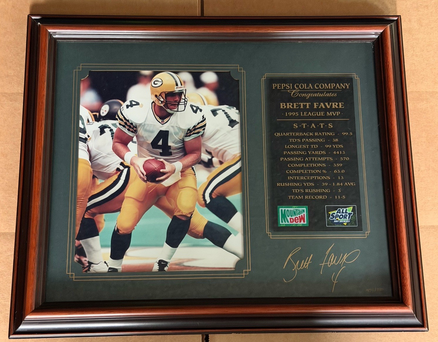 Brett Favre Signed 1995 NFL MVP Pepsi Limited Edition Plaque #454/730 Packers