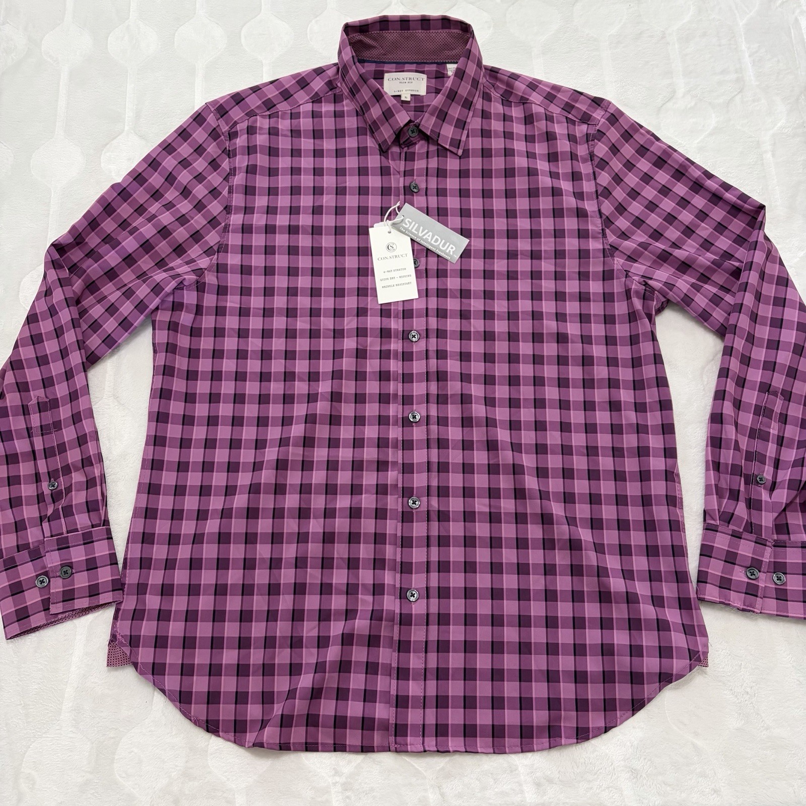 NWT Con.Struct 4 Way Stretch Shirt Men’s Large Purple Plaid Slim Flip Cuff