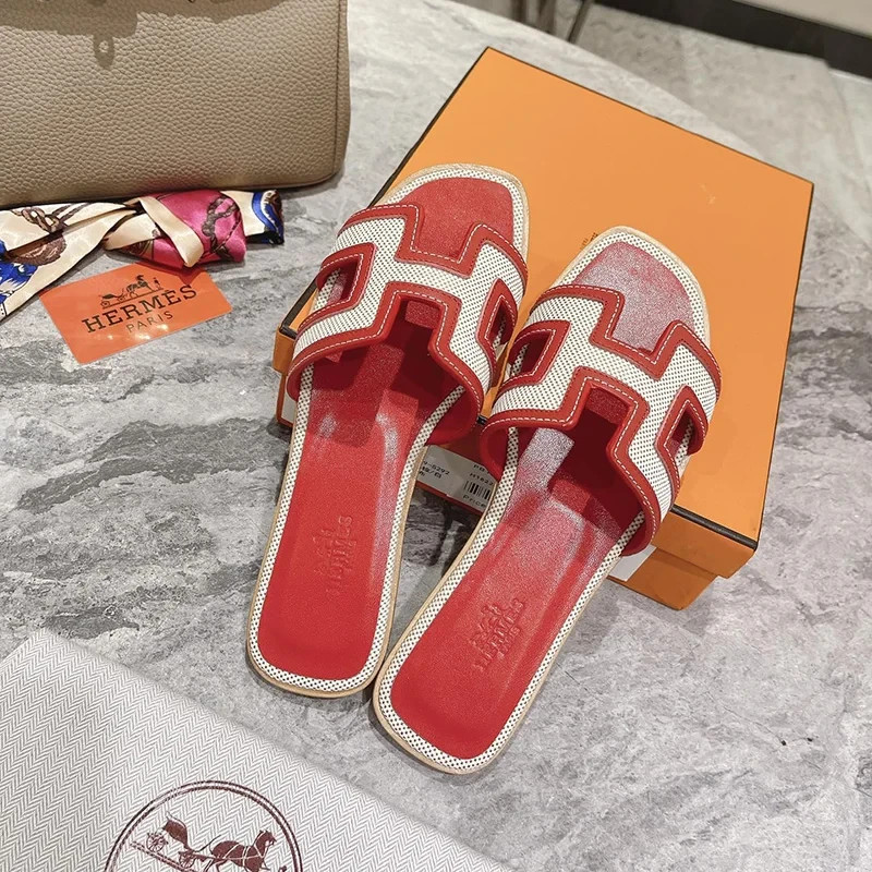 Hermès Oran Sandals Beige Canvas Rouge Red Calfskin H Slides