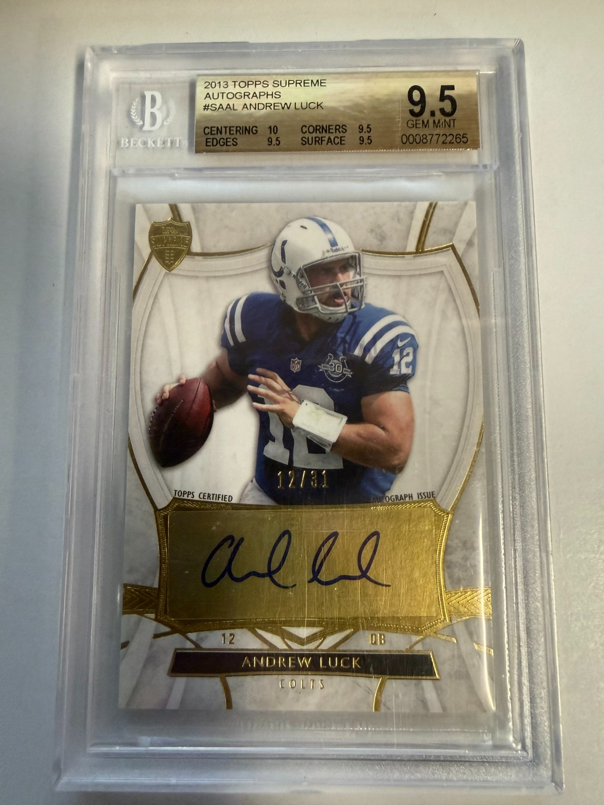 2013 Topps SUPREME Andrew Luck AUTO 12/31 JERSEY # MATCH BGS 9.5 GEM MINT FM