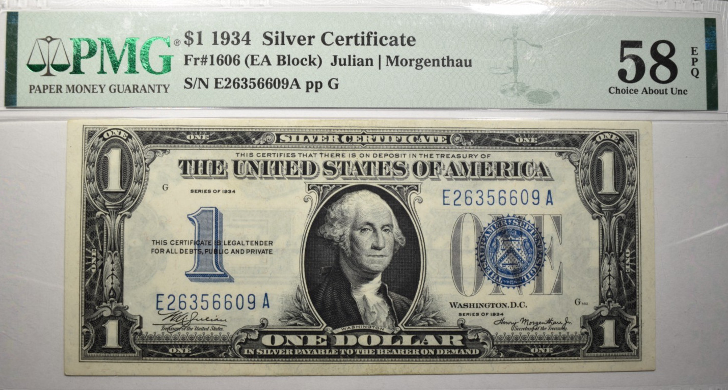 1934 $1 SILVER CERTIFICATE LOOKS UNC NICE PMG CHOICE AU58 EPQ INV#609