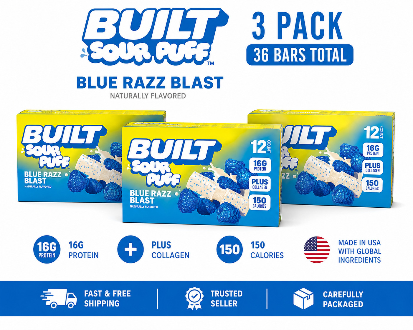 BUILT Blue Razz Blast Sour Puff Protein Bars 3 Pack 36 Count BUILT Blue Razz Blast Sour Puff Protein Bars 3 Pack 36 Count