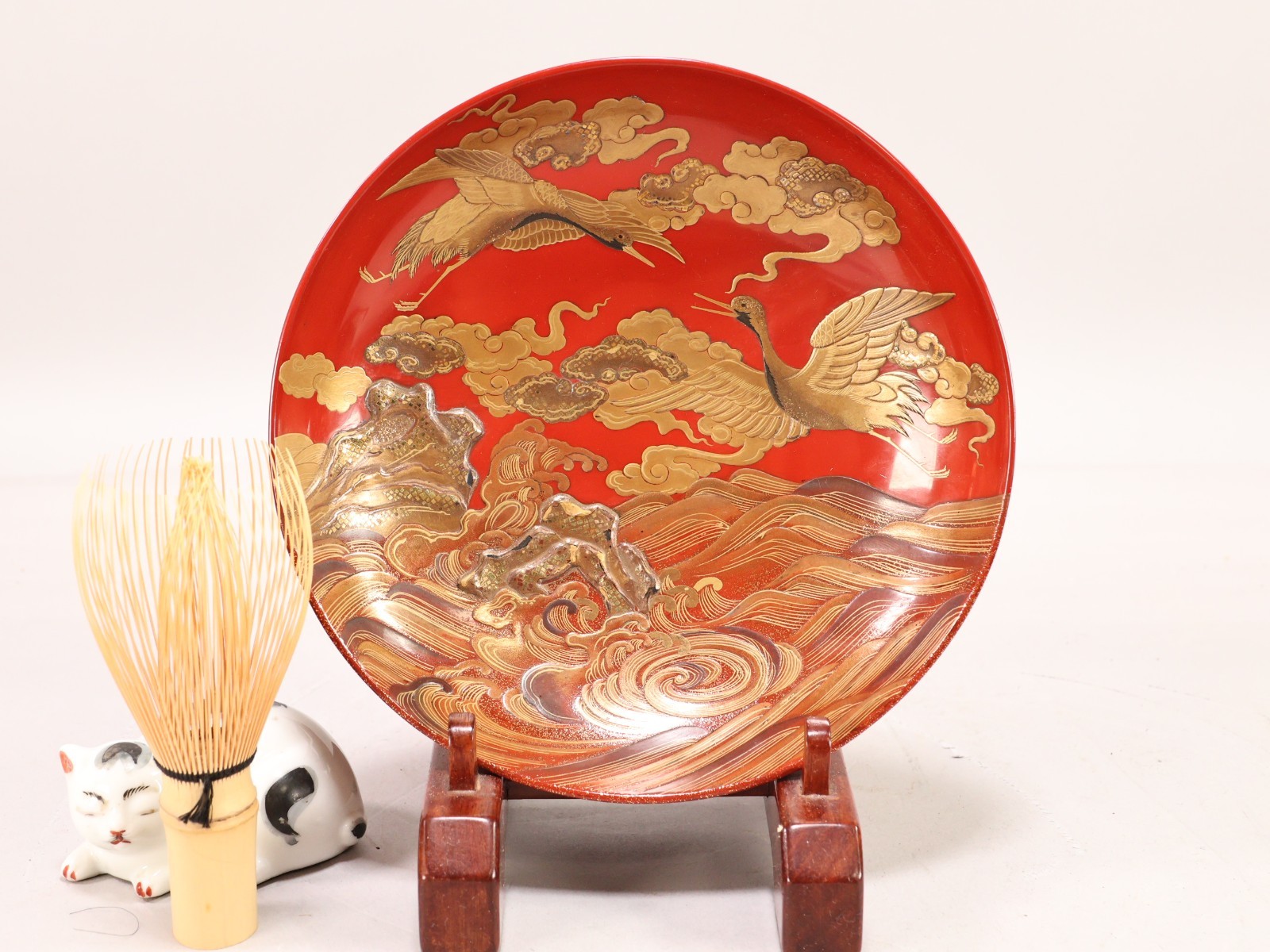 Japanese Kanazawa Lacquer Wooden Sakazuki 7.09inch Cranes&Waves Makie Meiji Era