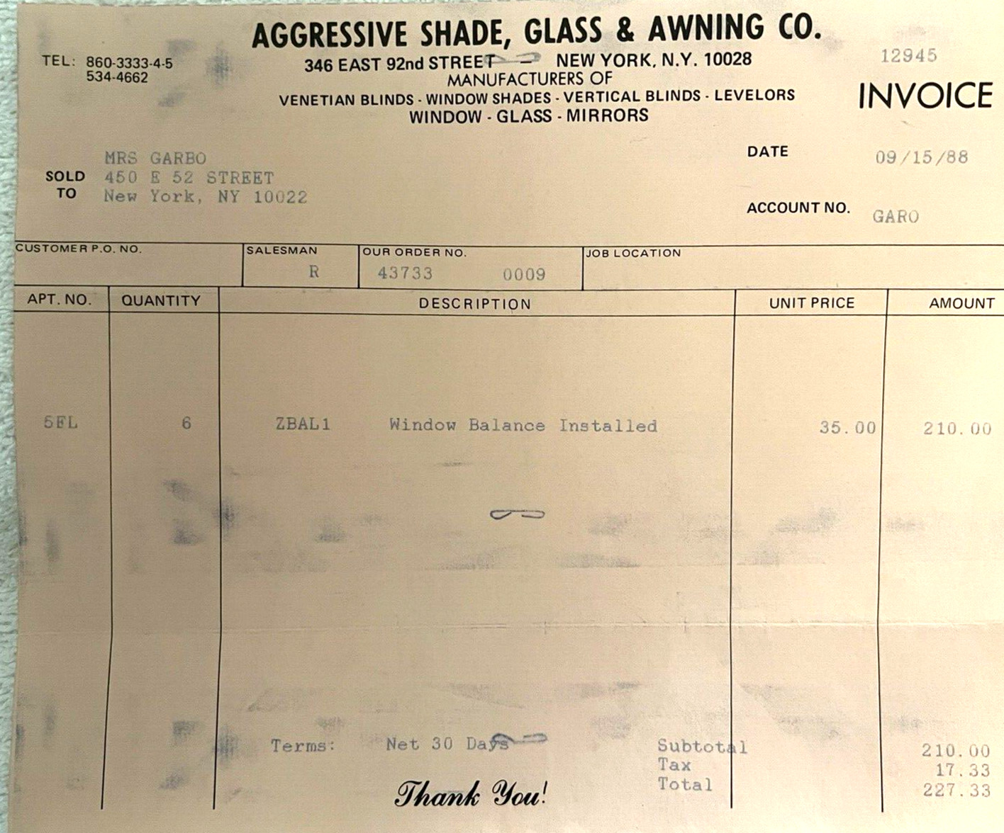 GRETA GARBO\'S RARE ORIGINAL PERSONAL 1988 WINDOW INSTALLATION INVOICE