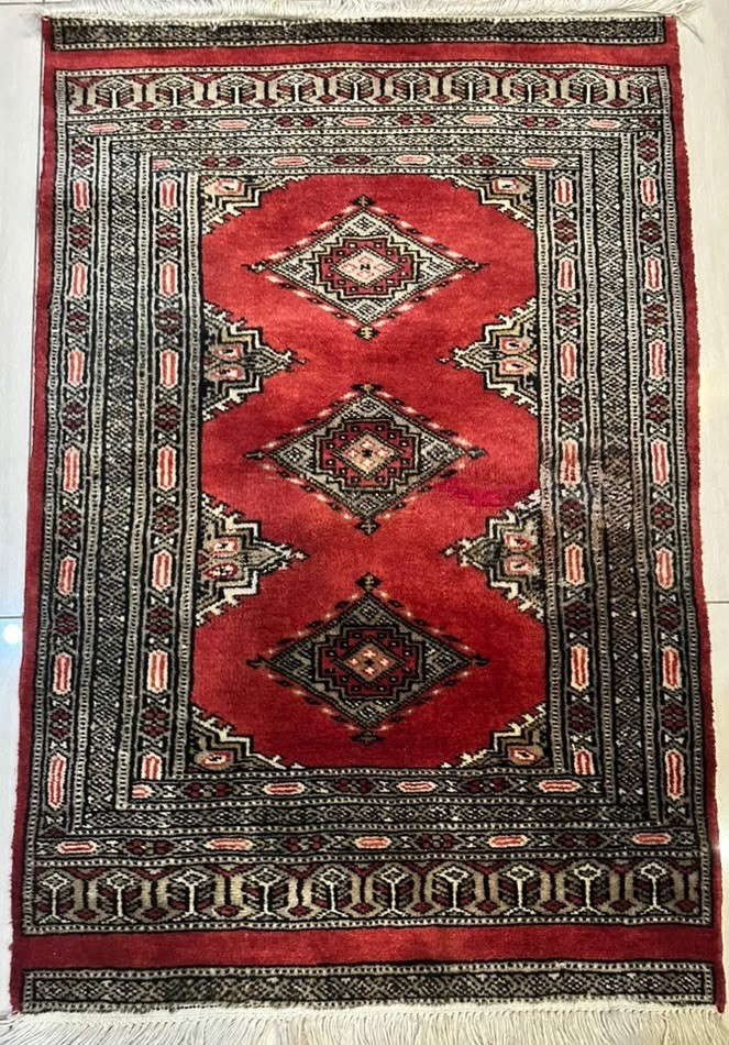 Pakistani Bokhara Rug 2x3, Geometric, Small Wool Turkoman Accent Rug, Tribal