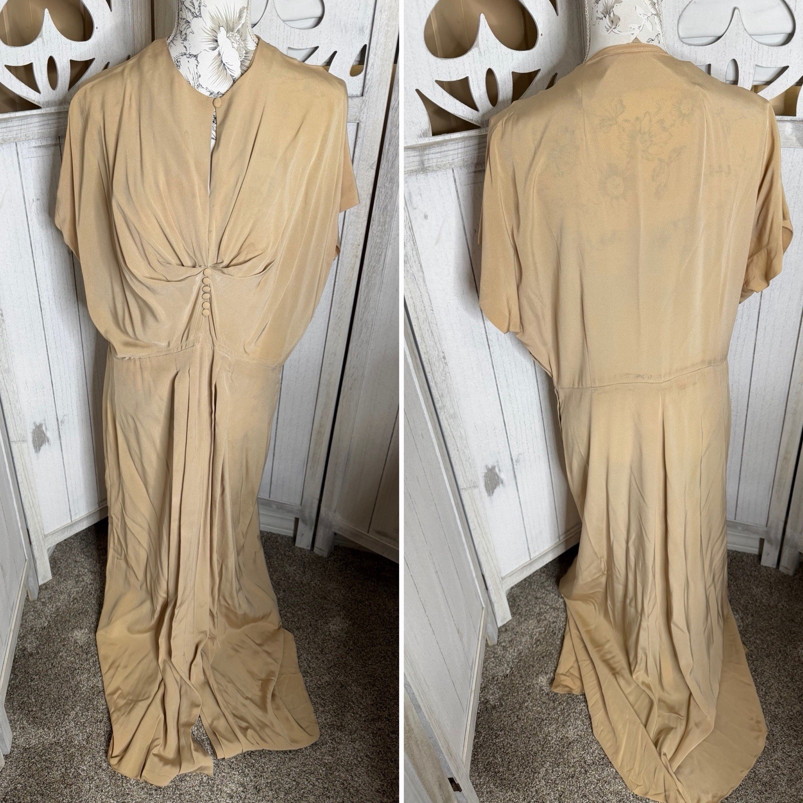 Vintage Antique 1920’s Flapper Dress Drop Draping Waist Button Accent XL Tan Vintage Antique 1920’s Flapper Dress Drop Draping Waist Button Accent XL Tan