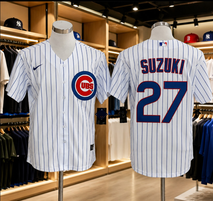 Seiya Suzuki #27 Cubs White Stripe Cool Base Sewn Stitched Jersey NEW S-3XL