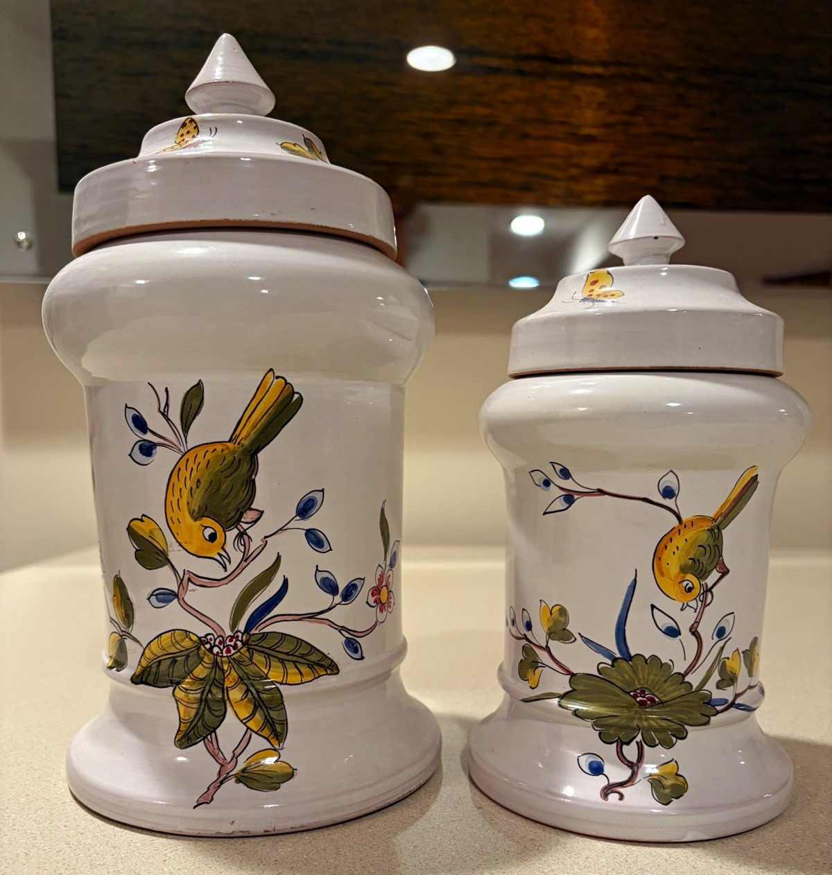 Vintage Italian Hand Painted Ceramic Bird Floral Lidded Canister Jars Pair