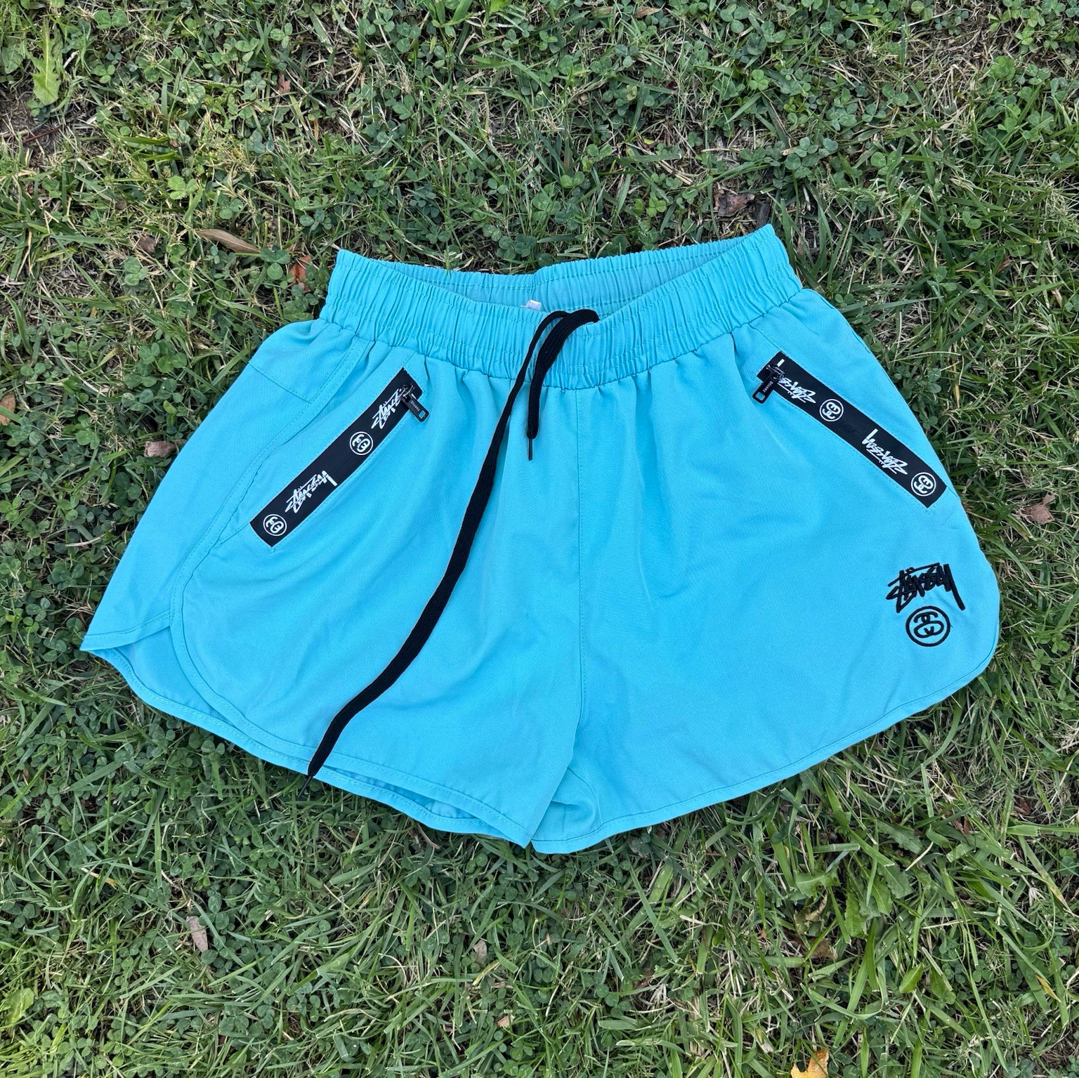 Stüssy Men’s Blue Swim Shorts Size M Solid Logo Drawstring Elastic Waist Pockets