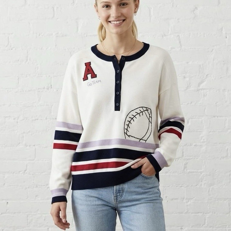 Anthropologie Daily Practice Go Team Embroidered Henley Sweater Oversized Sz S Anthropologie Daily Practice Go Team Embroidered Henley Sweater Oversized Sz S