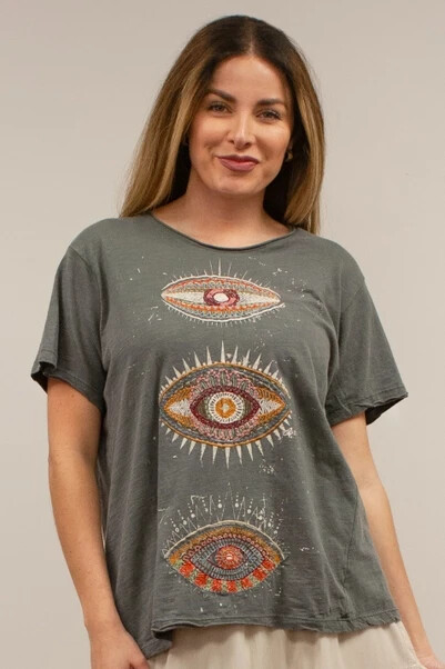 NWT Kyla Seo Comfort Lula Tee Dark Grey Eyes Embroidery S Small Crewneck Boho