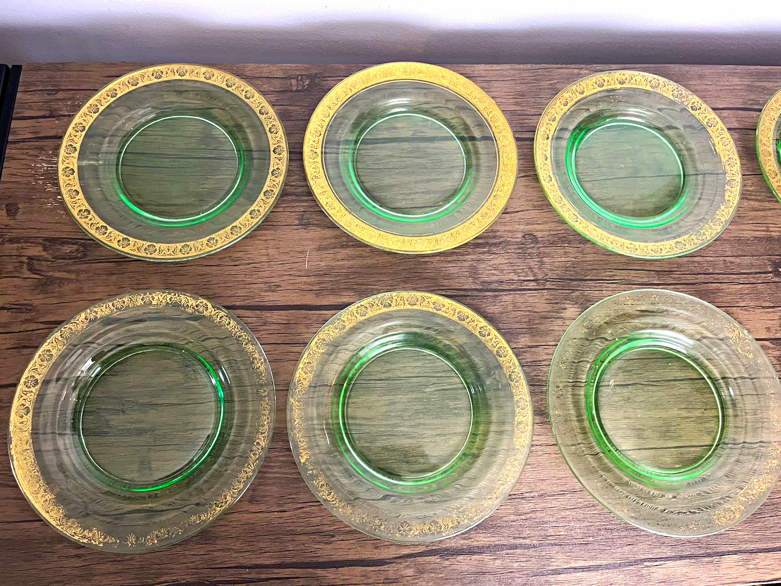 Tiffin-Franciscan elegant green uranium glass gold rim plates (set of 10)