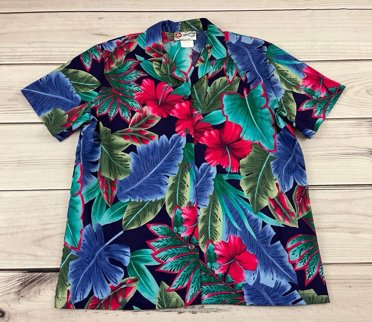Vintage Hilo Hattie Hawaiian Shirt Tropical Hibiscus Palm L Missing top button Vintage Hilo Hattie Hawaiian Shirt Tropical Hibiscus Palm L Missing top button