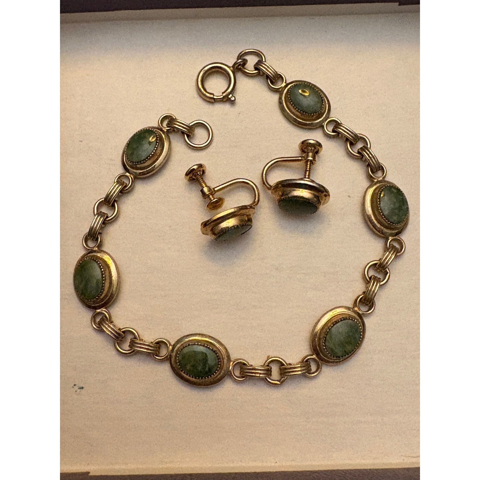 Vintage 1/20 12K Gold Filled Green Stone Bracelet & Screw Back Earrings Set