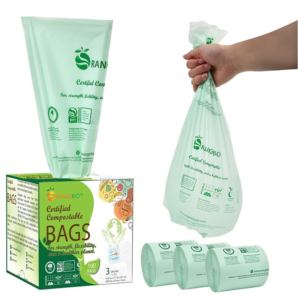 OrangeBio 100% Compostable Trash Bags, 3 Gallon, 100 Count, Extra Thick 0.71 Mil OrangeBio 100% Compostable Trash Bags, 3 Gallon, 100 Count, Extra Thick 0.71 Mil