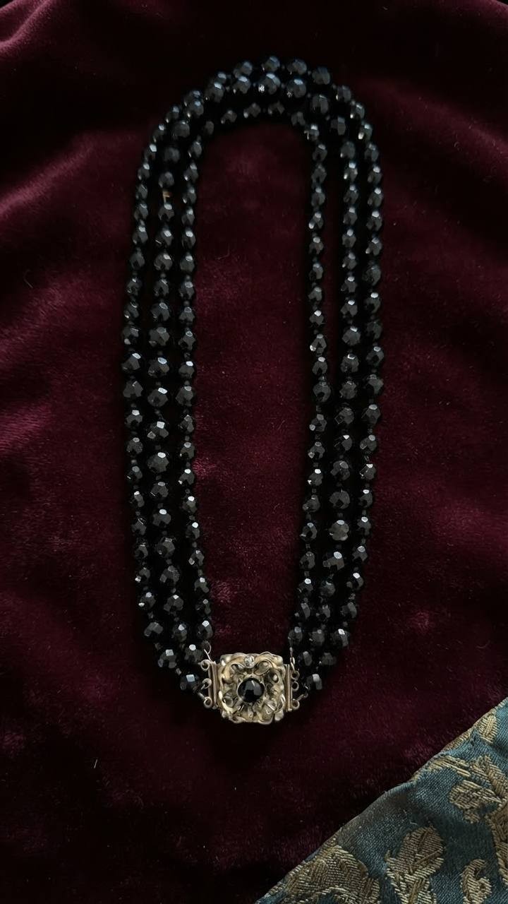 Triple Strand Jet Black Glass Faceted Bead Necklace Layered True Vintage 