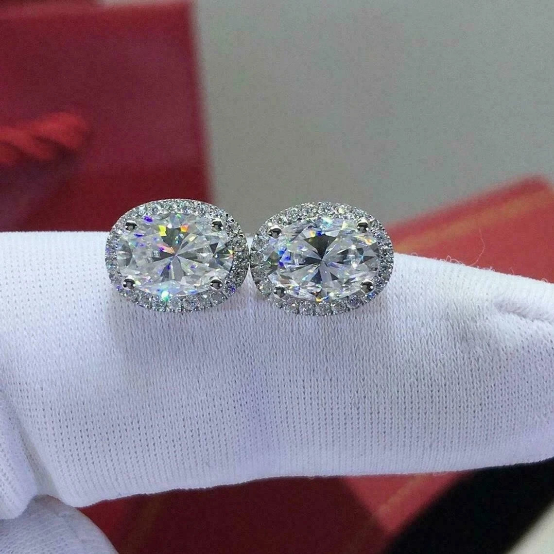 4Ct Oval Cut Lab Created Diamond Push Halo Stud Earrings 14K White Gold Finish