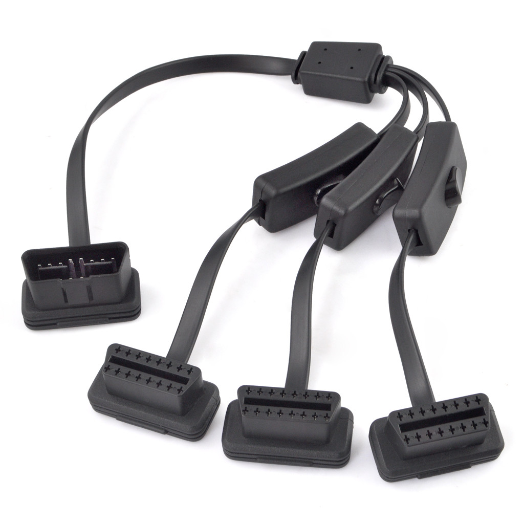50CM 1 to 3 Flat 16Pin M to F Y Splitter OBD2 Extension Cable With Power Switch