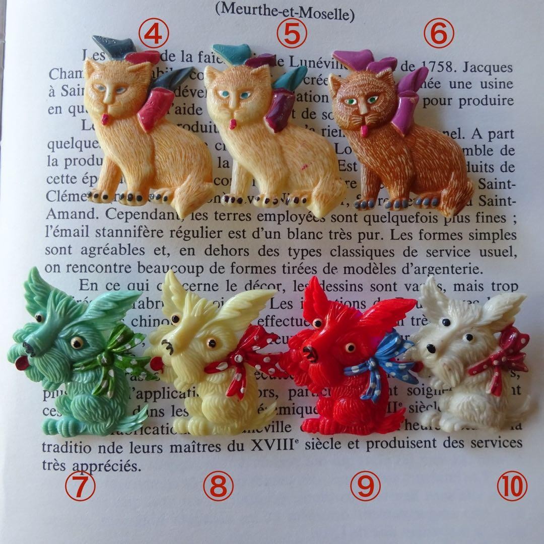 Vintage French Celluloid Cat & Dog Brooch, Unused, Unique Retro Accessory