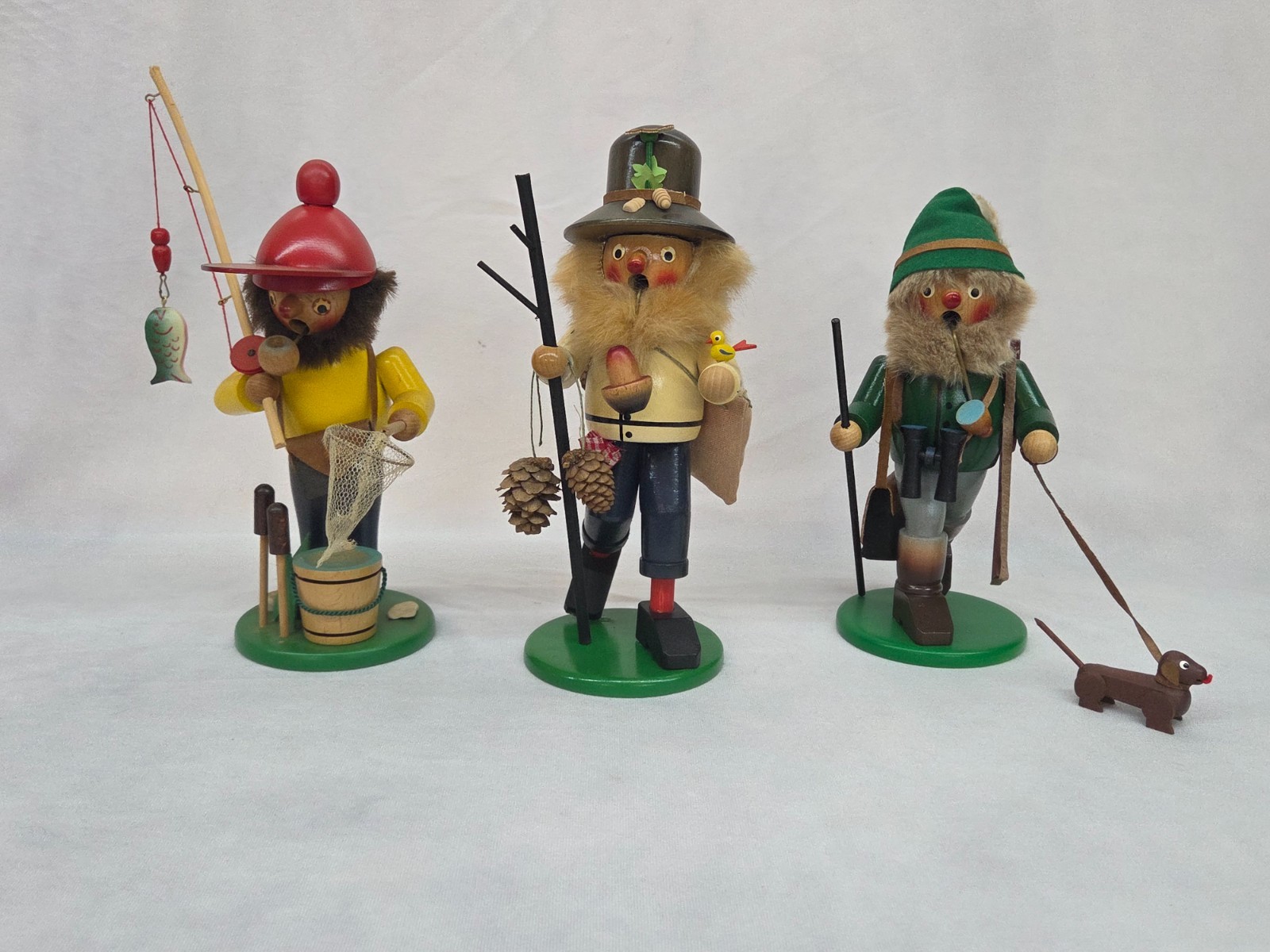3 Vintage German Steinbach Nutcracker Smokers - Hunter, Angler & Hiker In Boxes