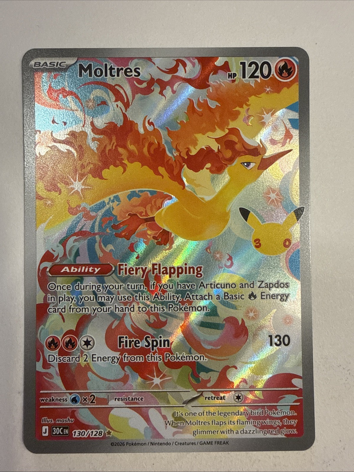 Moltres 130/128 Illustration Rare 2026 Pokemon 30th Celebration Card NM
