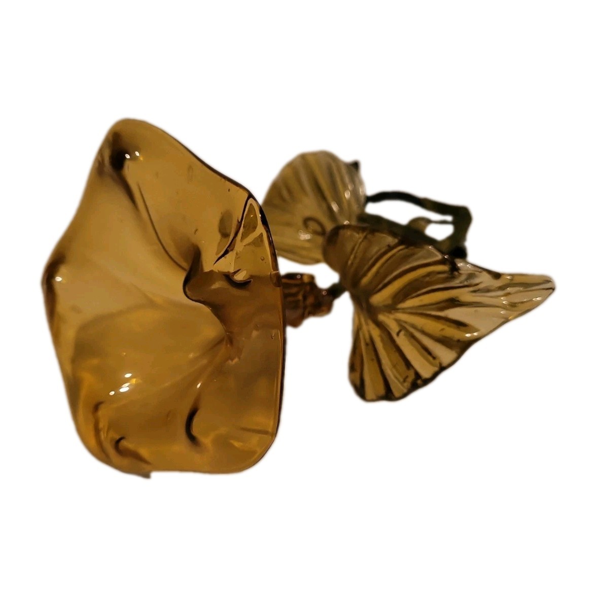 Vtg Hand Blown Amber Glass Trumpet Flower Single Blossom Sculpture Morning Glory