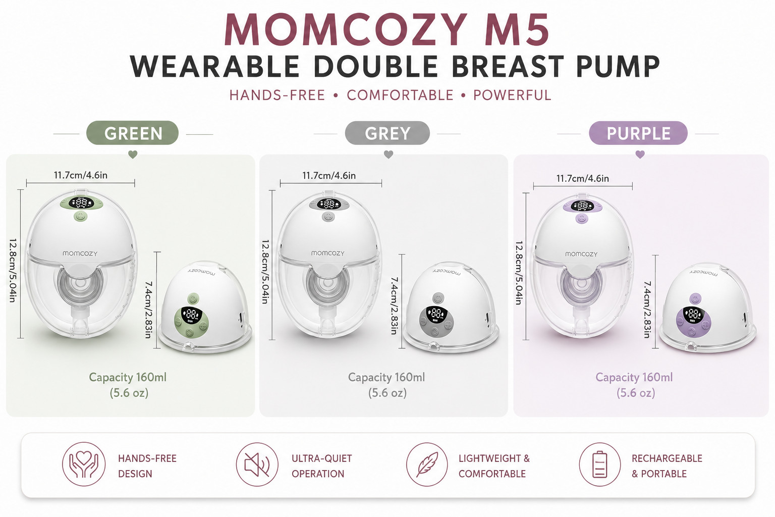 NEW Momcozy M5 Wearable Double Breast Pump Hands-Free Portable - Green/Grey/Purp