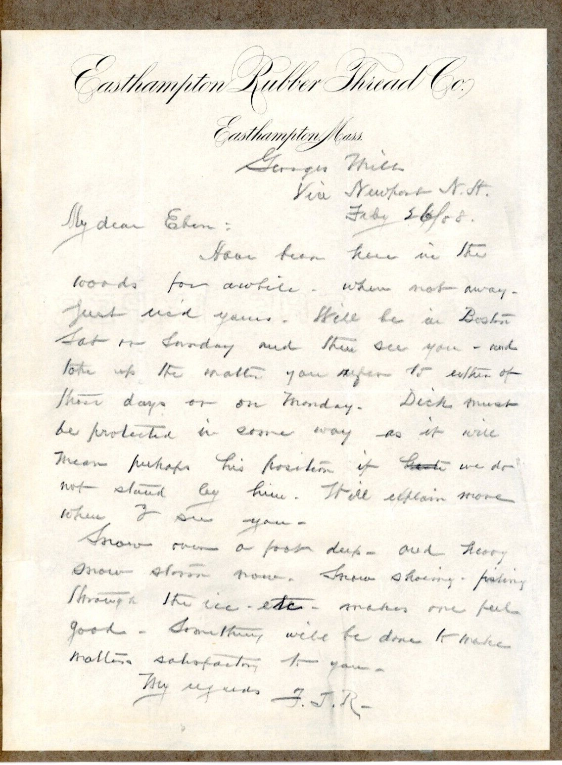 1907-8 Letters Signed Easthampton Mass Rubber Thread United States Co. Boston