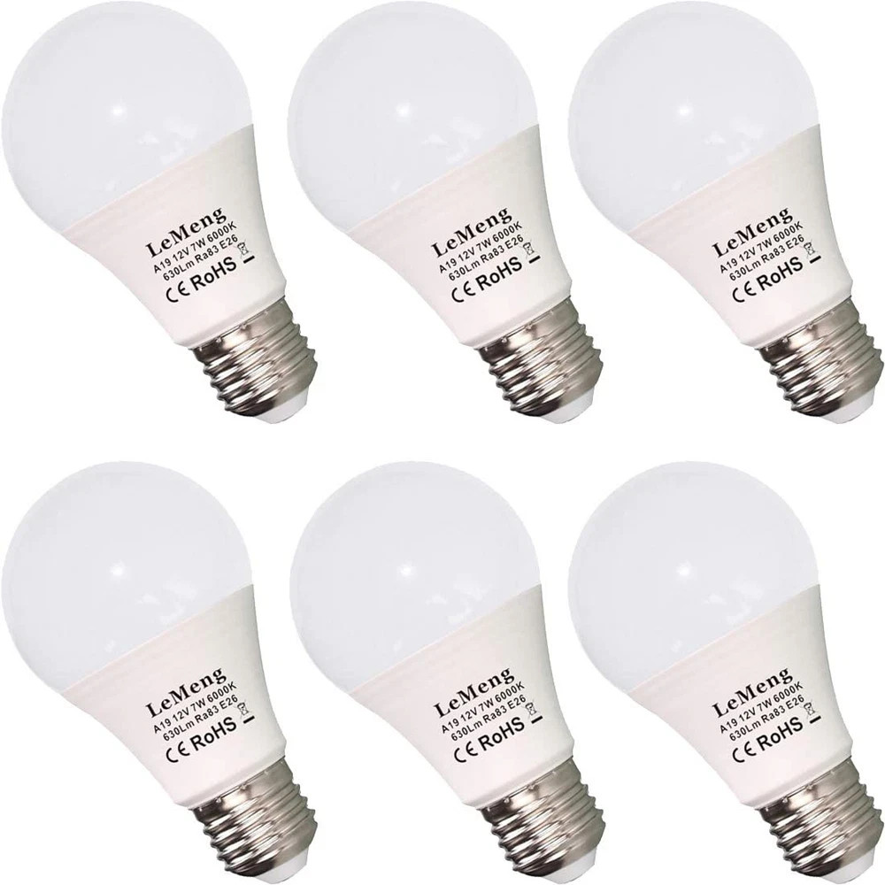 12V LED Light Bulb 7W E26 Base 6000K Daylight Low Voltage A19 6 Pack