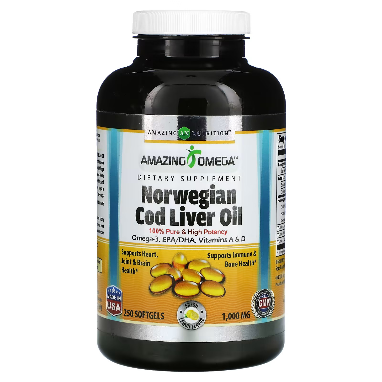 2 X Amazing Nutrition, Norwegian Cod Liver Oil, Lemon, 1,000 mg, 250 Softgels