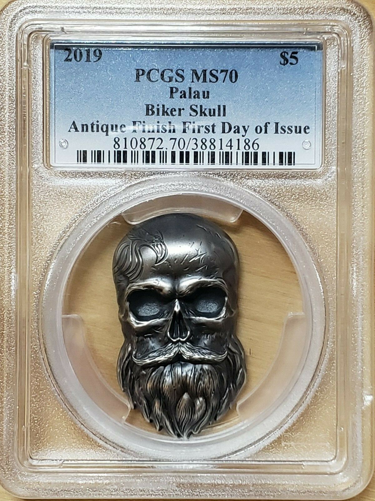 2019 Palau Biker Skull 1 oz Silver Antique Finish PCGS MS 70 FDOI $5 4186