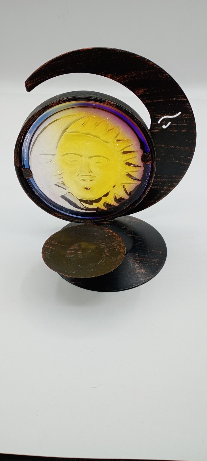 Vtg.90s Spencers Gifts Celestial Sun Moon Candle holder Metal 3D Molded Glass Vtg.90s Spencers Gifts Celestial Sun Moon Candle holder Metal 3D Molded Glass