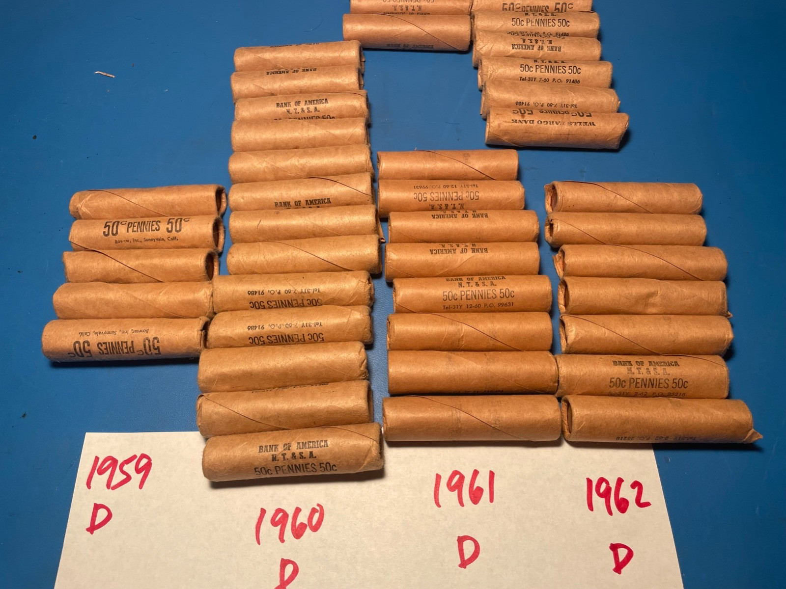 1959 d 1960 d 1961 d 1962 d OBW UNC rolls lot of 47 rolls