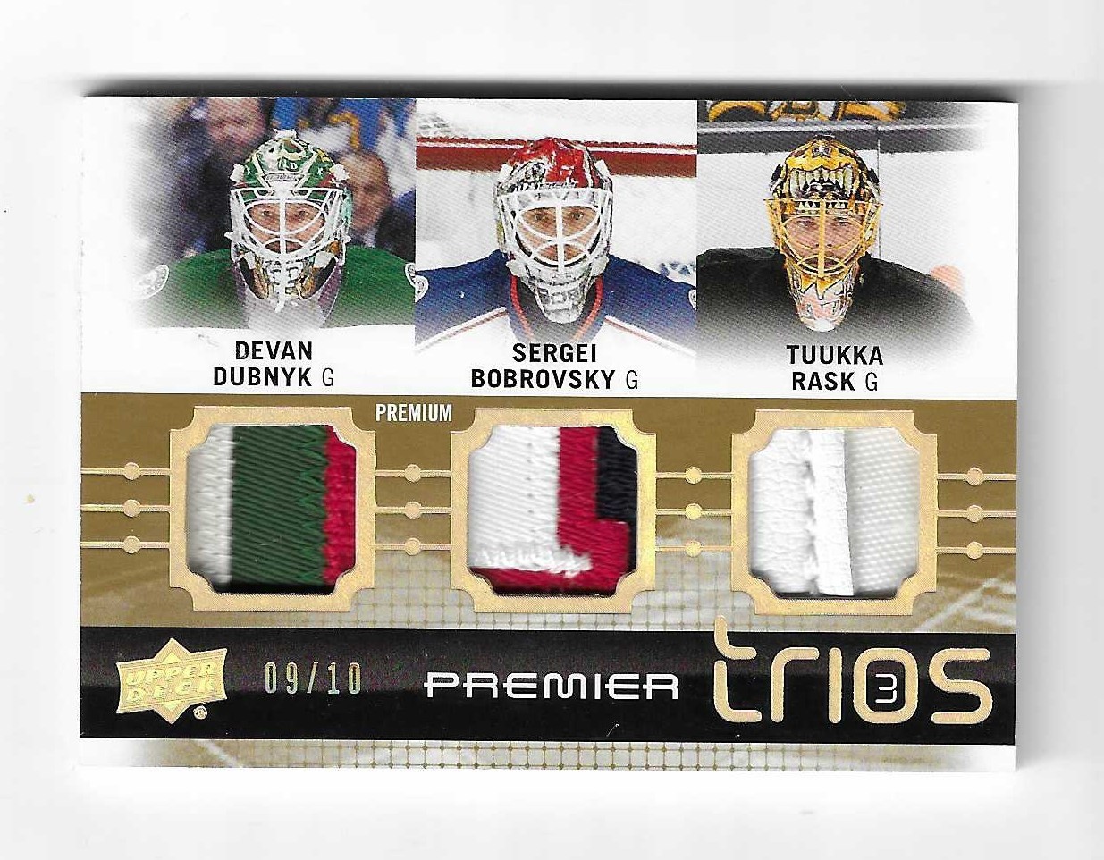 2016-17 Premier Trios Patch #'ed 9/10 Tuukka Rask, Sergei Bobrovsky, Dubnyk 2016-17 Premier Trios Patch #'ed 9/10 Tuukka Rask, Sergei Bobrovsky, Dubnyk