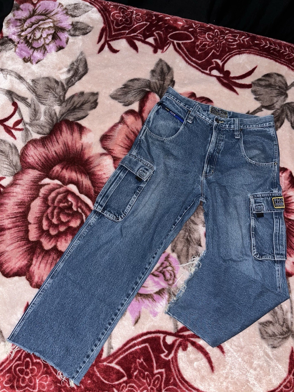 Vintage Paco Jeans 34x29.5 Blue Denim With Cargo Pockets Baggy Fit