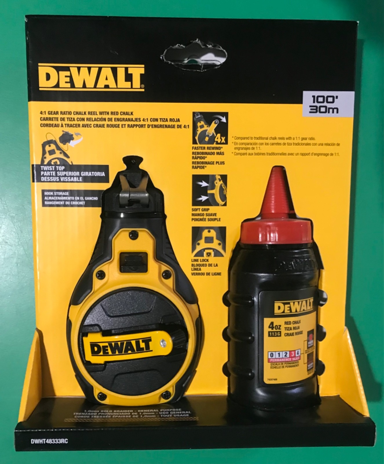 New DeWalt 6:1 Gear Ratio Chalk Reel Kit With (Included 4 Oz) Red Chalk 100'