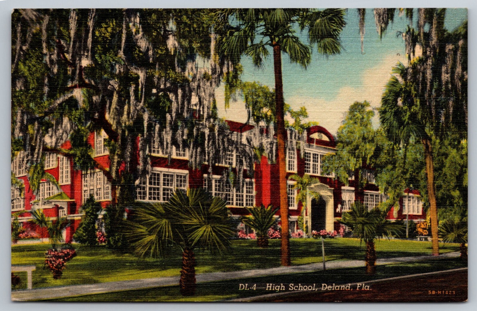 Postcard F 68, High School, Deland, Fla, Moss Covered Trees Line The Front, Line Postcard F 68, High School, Deland, Fla, Moss Covered Trees Line The Front, Line