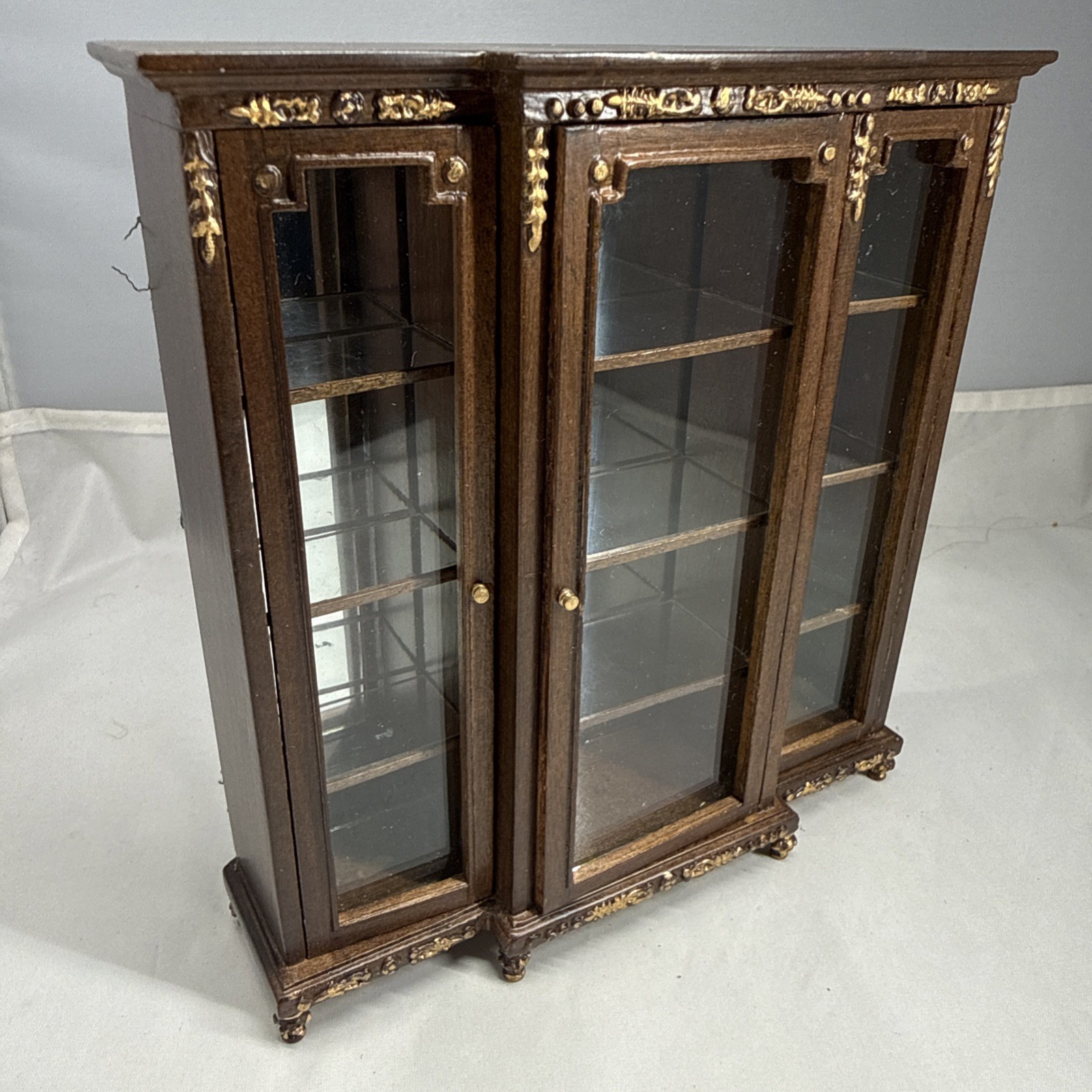 Vintage Bespaq 1:12 Triple Mirrored China Display Cabinet Mahogany Glass Doors