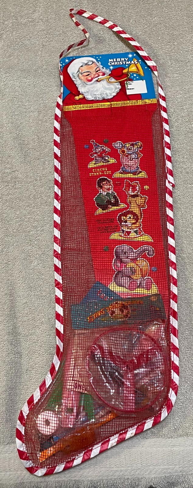 VTG Rosen Christmas Mesh Stocking with Vintage items inside 22 inches long