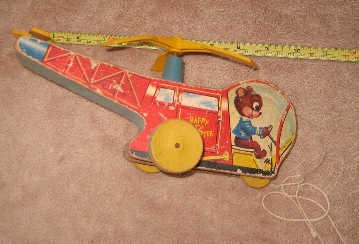 Toy Wooden Happy Little Helicopter Pull Toy 1950\'s Whirlybird Bear Wood Chopper Toy Wooden Happy Little Helicopter Pull Toy 1950\'s Whirlybird Bear Wood Chopper