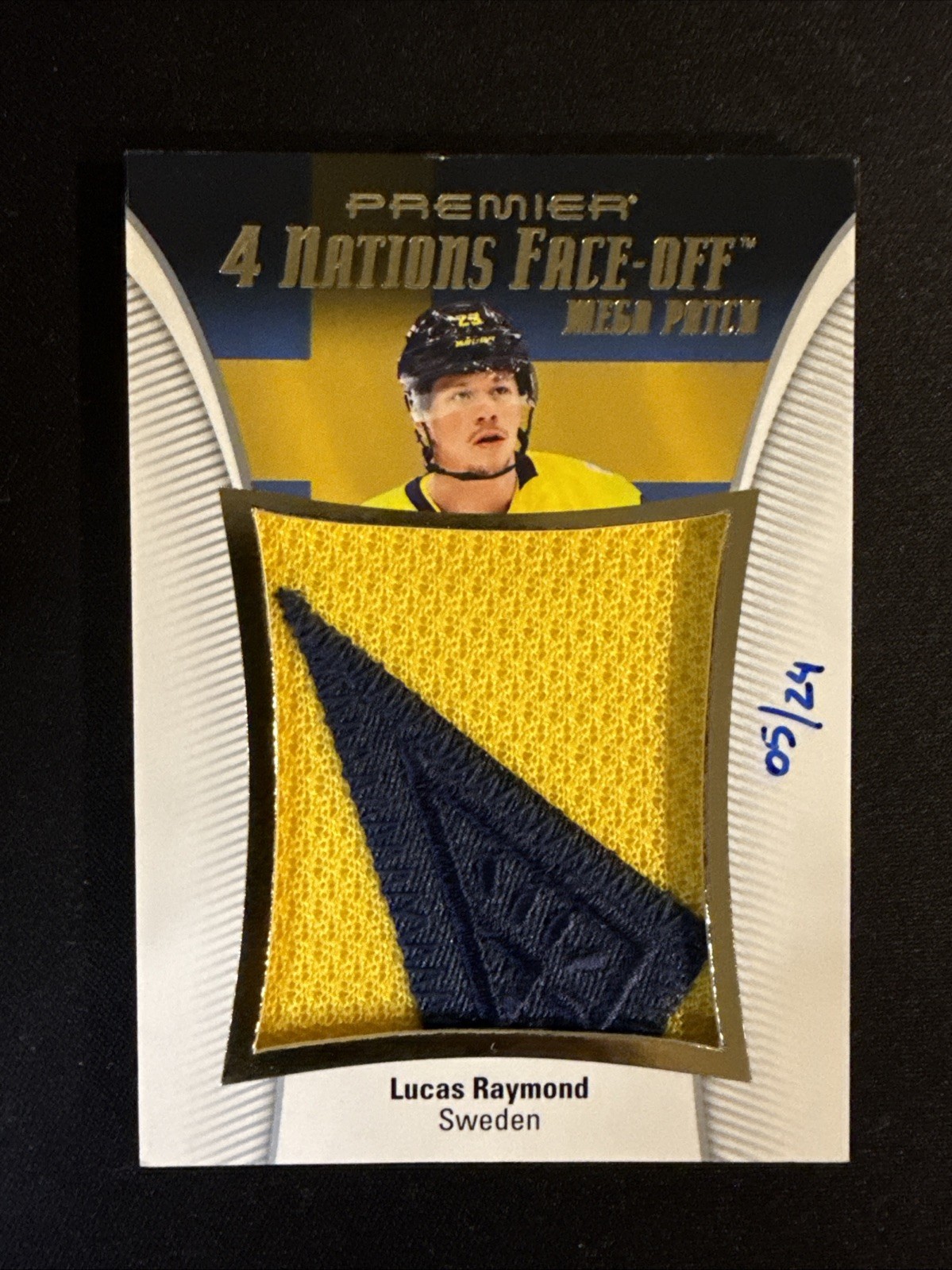 2025-26 UD Premier 4 Nations Face-Off Mega Patch Lucas Raymond #4MPLR Sweden /25