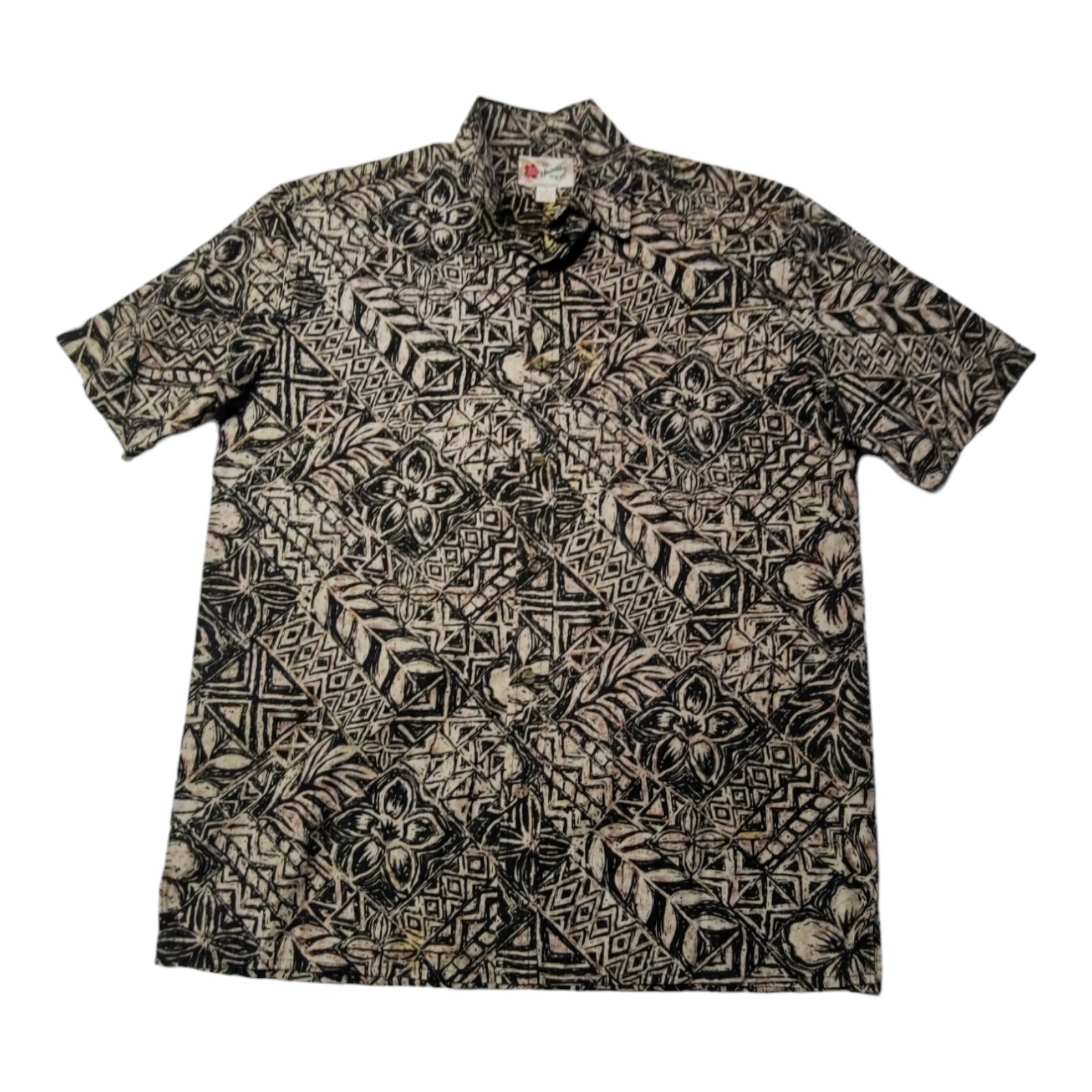 Hilo Hattie Hawaiian Shirt Mens S/M Black Gold Floral Short Sleeve Button Up EUC